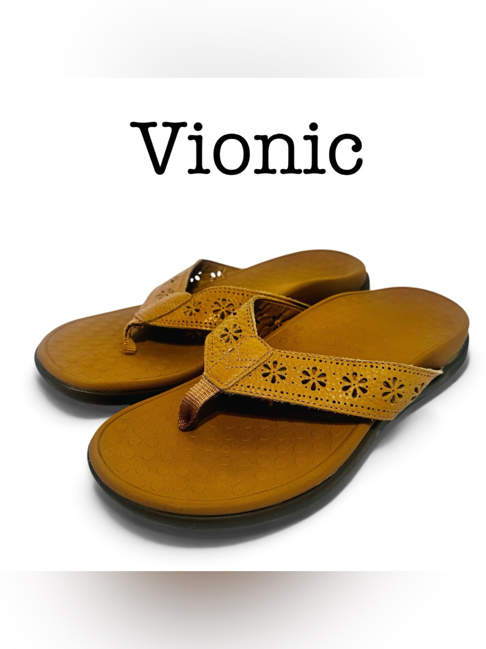 Vionic Shona Brown Floral Laser-Cut Thong Sandals Size 8